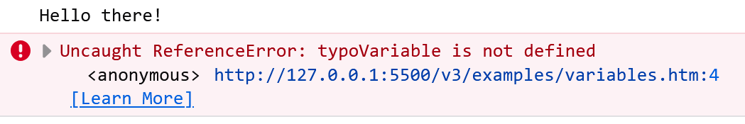 Browser-Konsole: Hello there! gefolgt von Uncaught ReferenceError: typoVariable is not defined